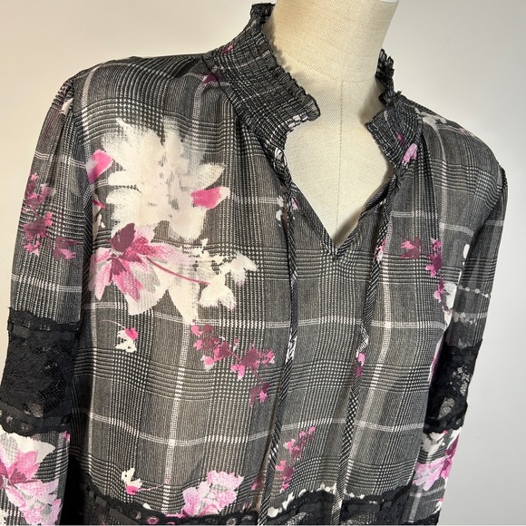 DKNY Black and Pink Floral Plaid Blouse - Picture 4 of 10
